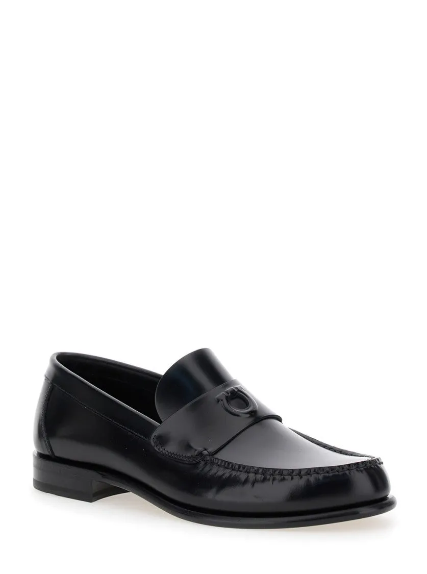 Bart Black Leather Loafers With Embossed Gancini Detail