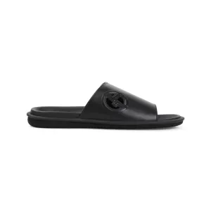 Black Bovine Leather Slide Sandals