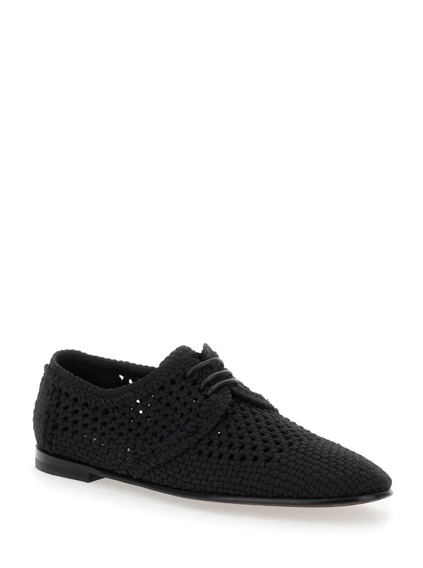 Black Lace-Up Shoes With Woven Design
