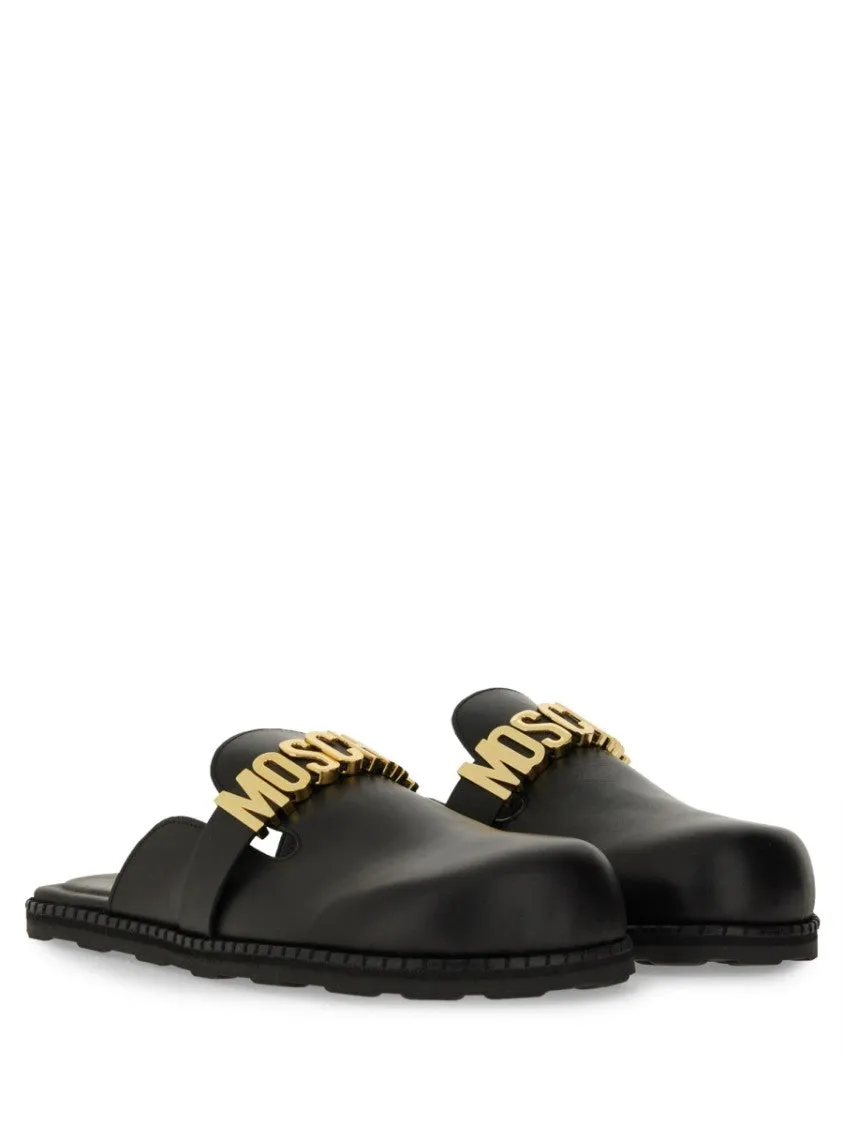 Black Leather Sandal With Bold Logo