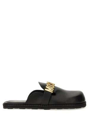 Black Leather Sandal With Bold Logo