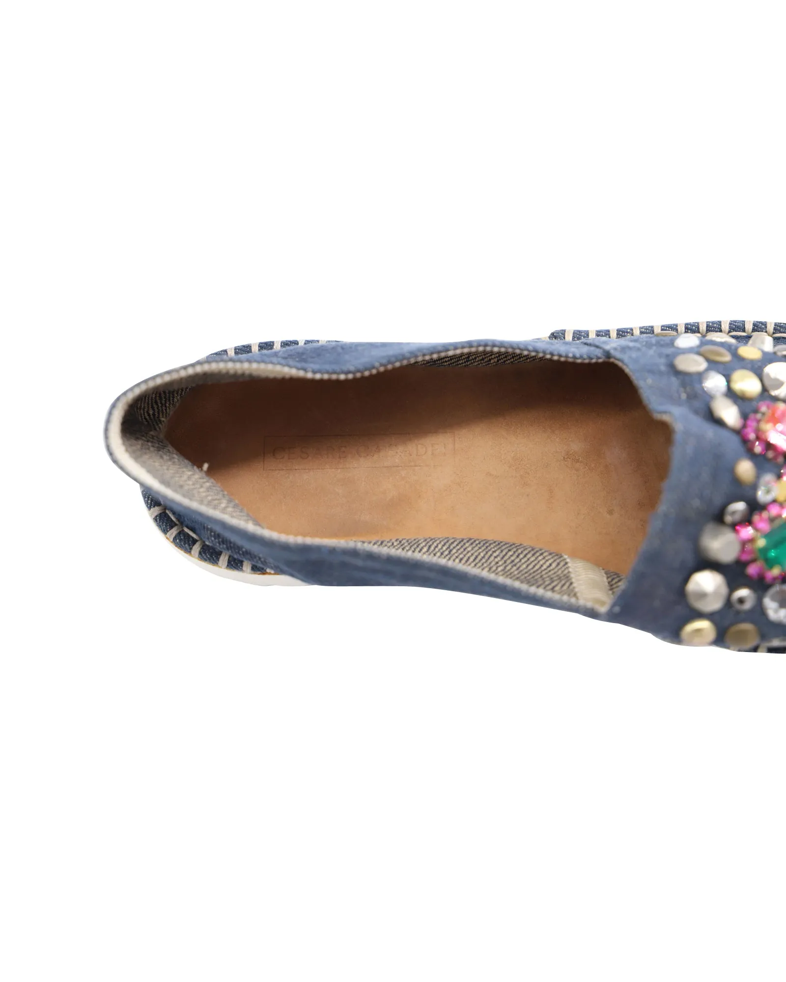 Casadei Embellished Slip-Ons in Blue Cotton Denim