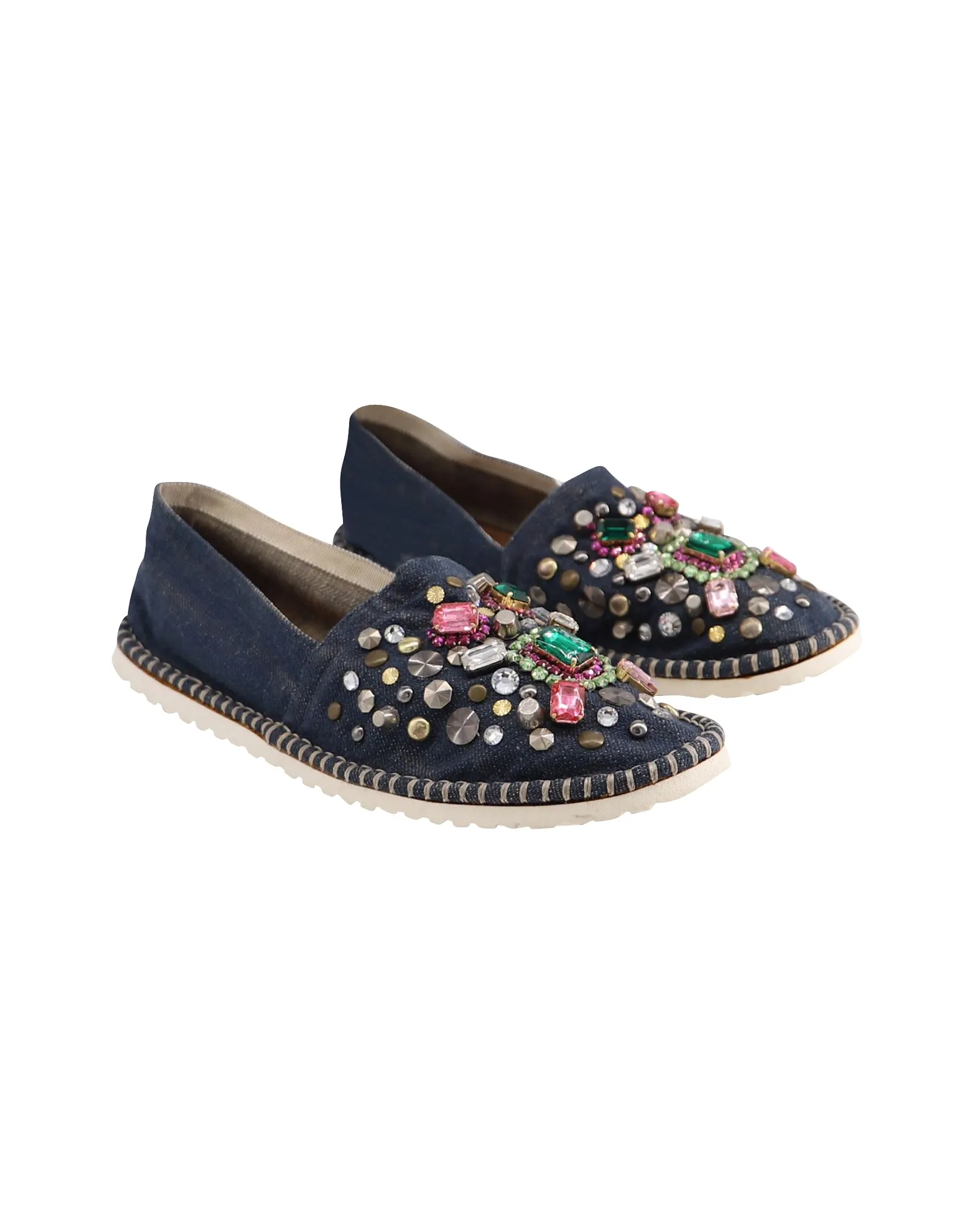 Casadei Embellished Slip-Ons in Blue Cotton Denim