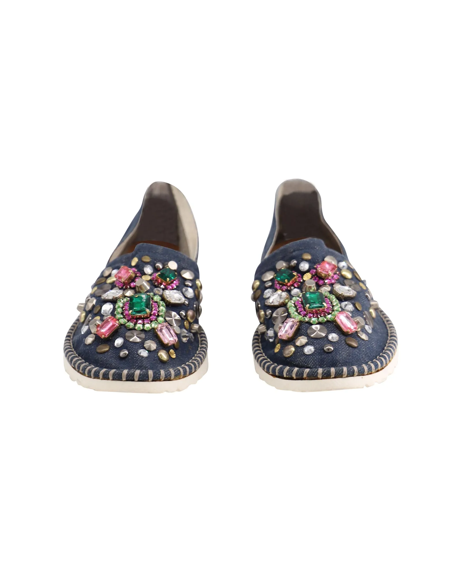 Casadei Embellished Slip-Ons in Blue Cotton Denim