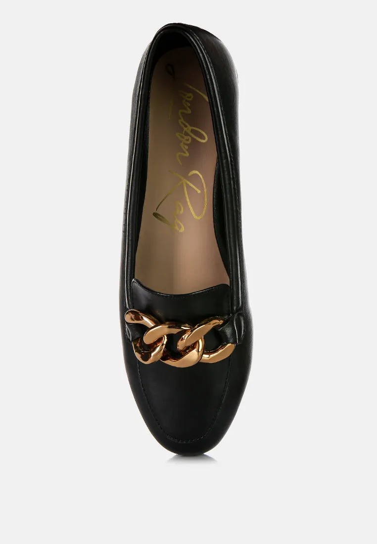 chunky metal chain faux leather loafers