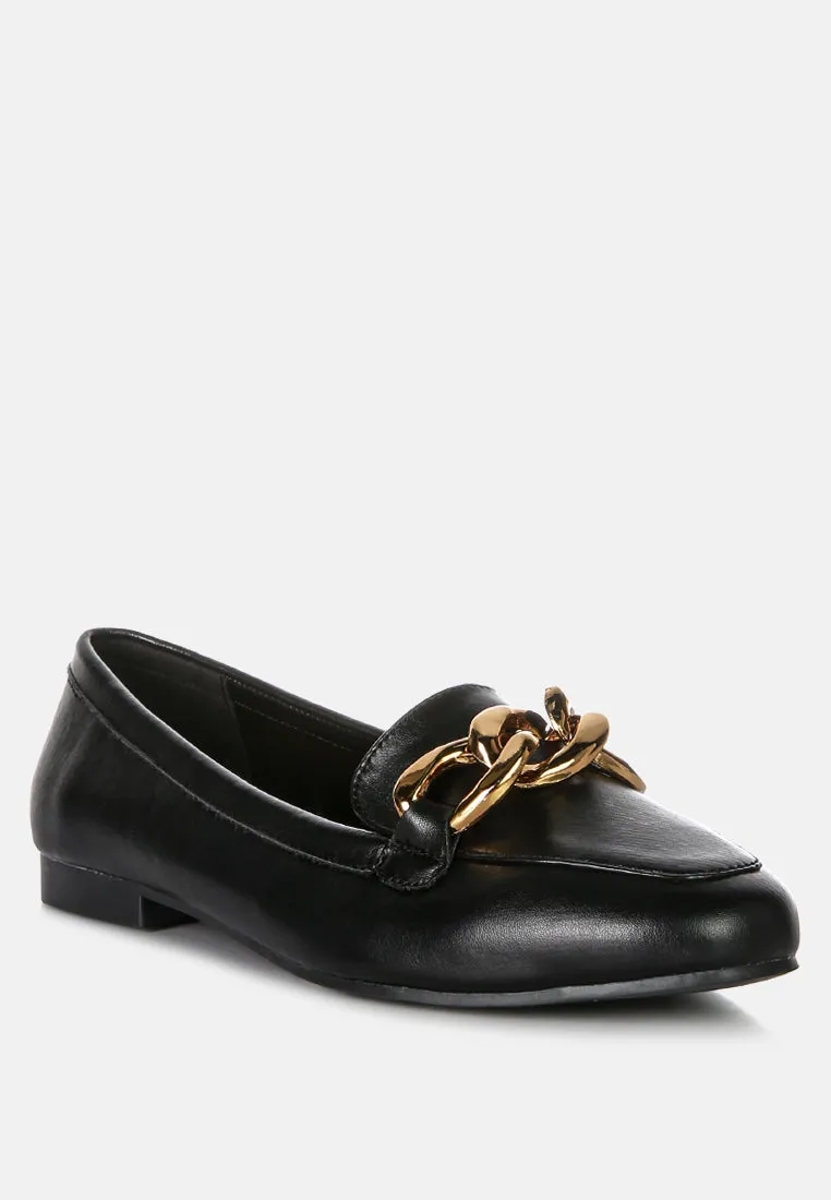 chunky metal chain faux leather loafers