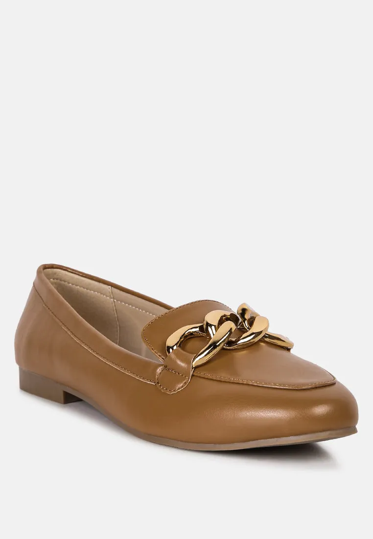 chunky metal chain faux leather loafers