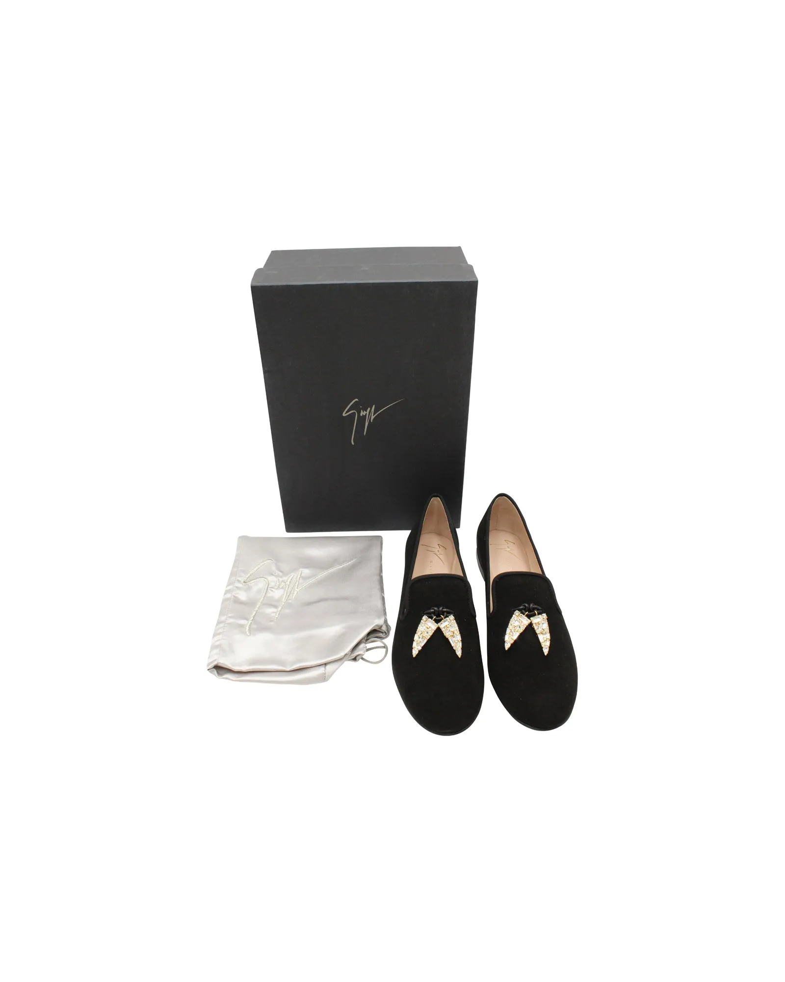 Giuseppe Zanotti Embellished Shark Tooth Smoking Slippers in Black Suede