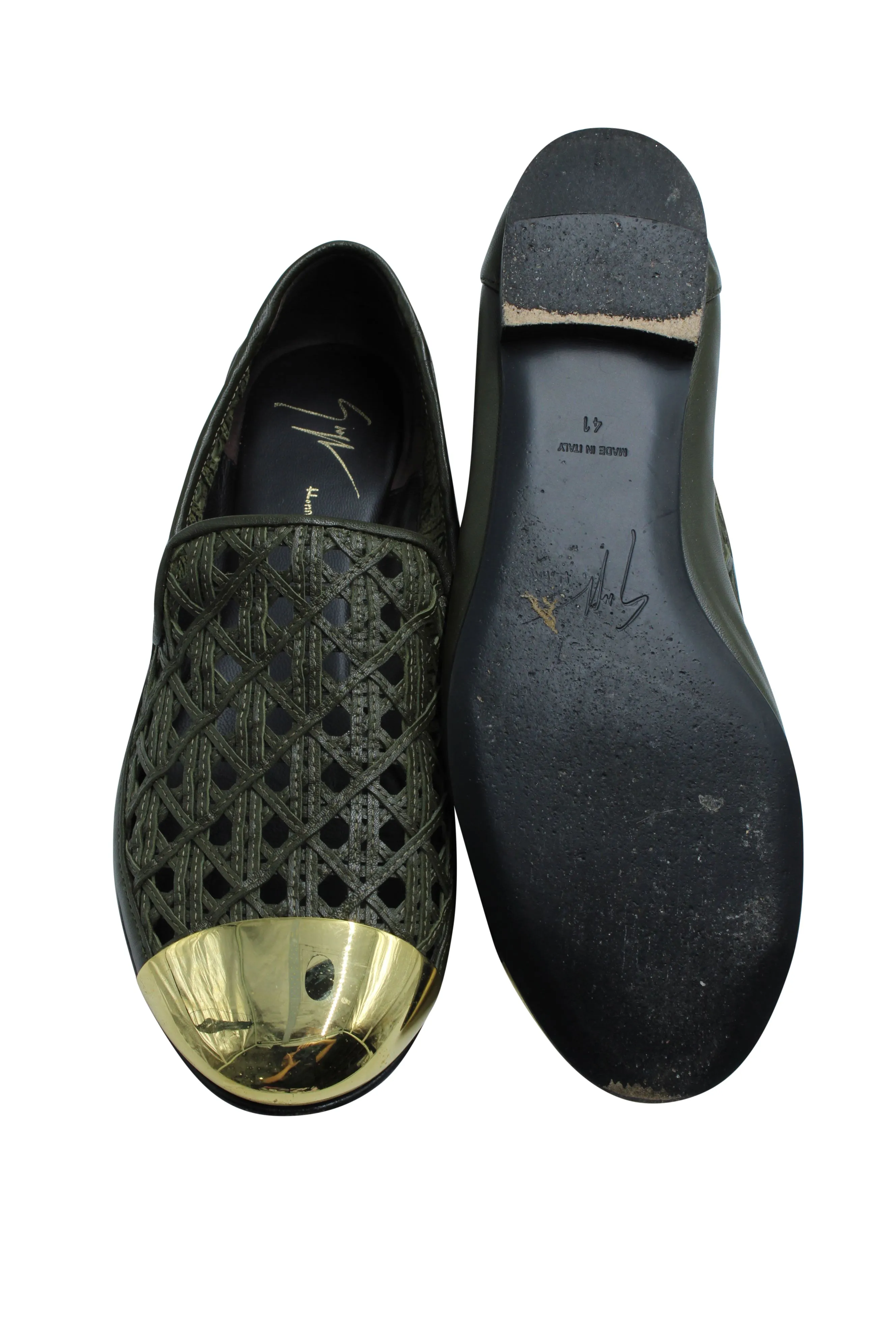 Giuseppe Zanotti Perforated Flats with Gold Captoe in Green Leather