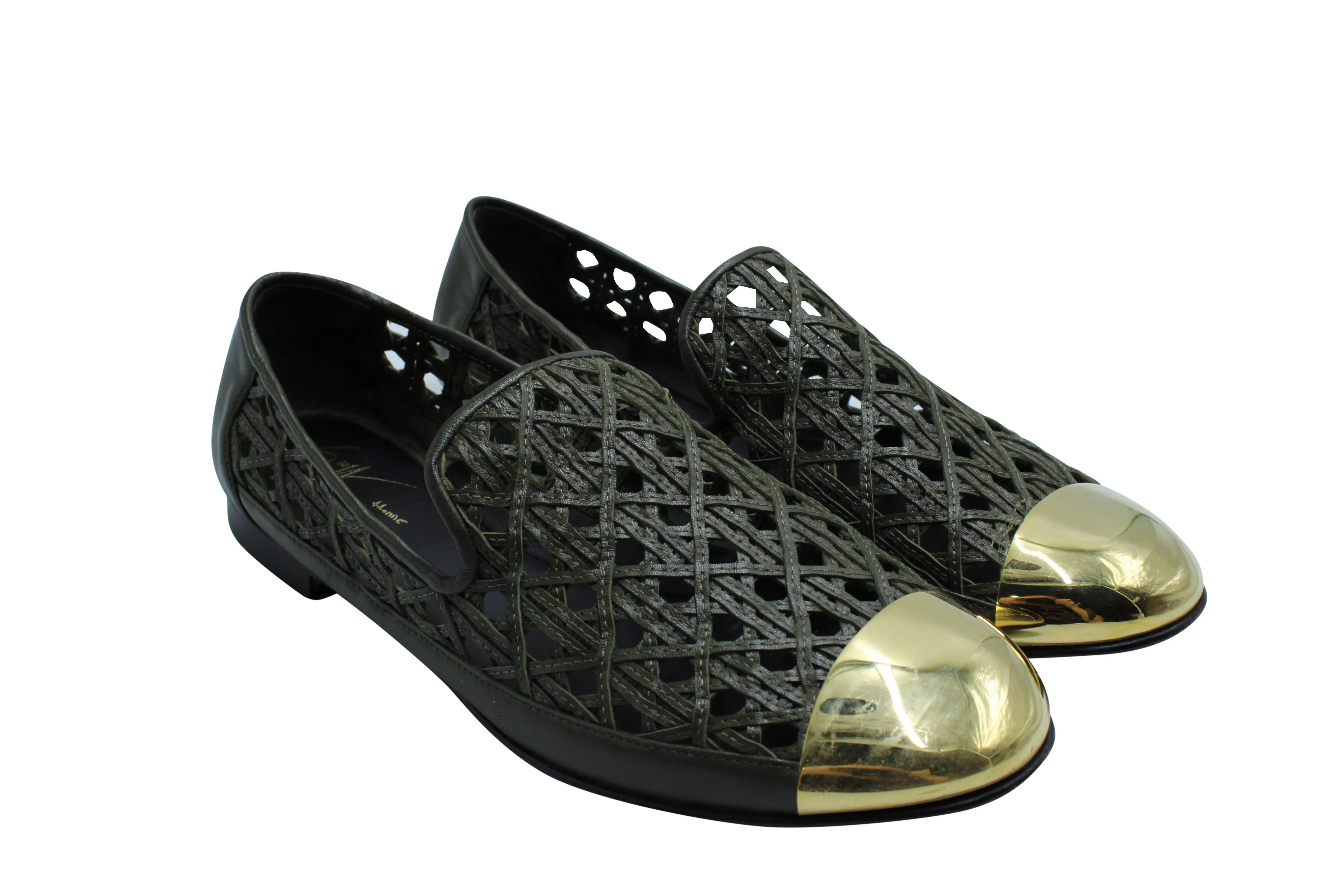 Giuseppe Zanotti Perforated Flats with Gold Captoe in Green Leather