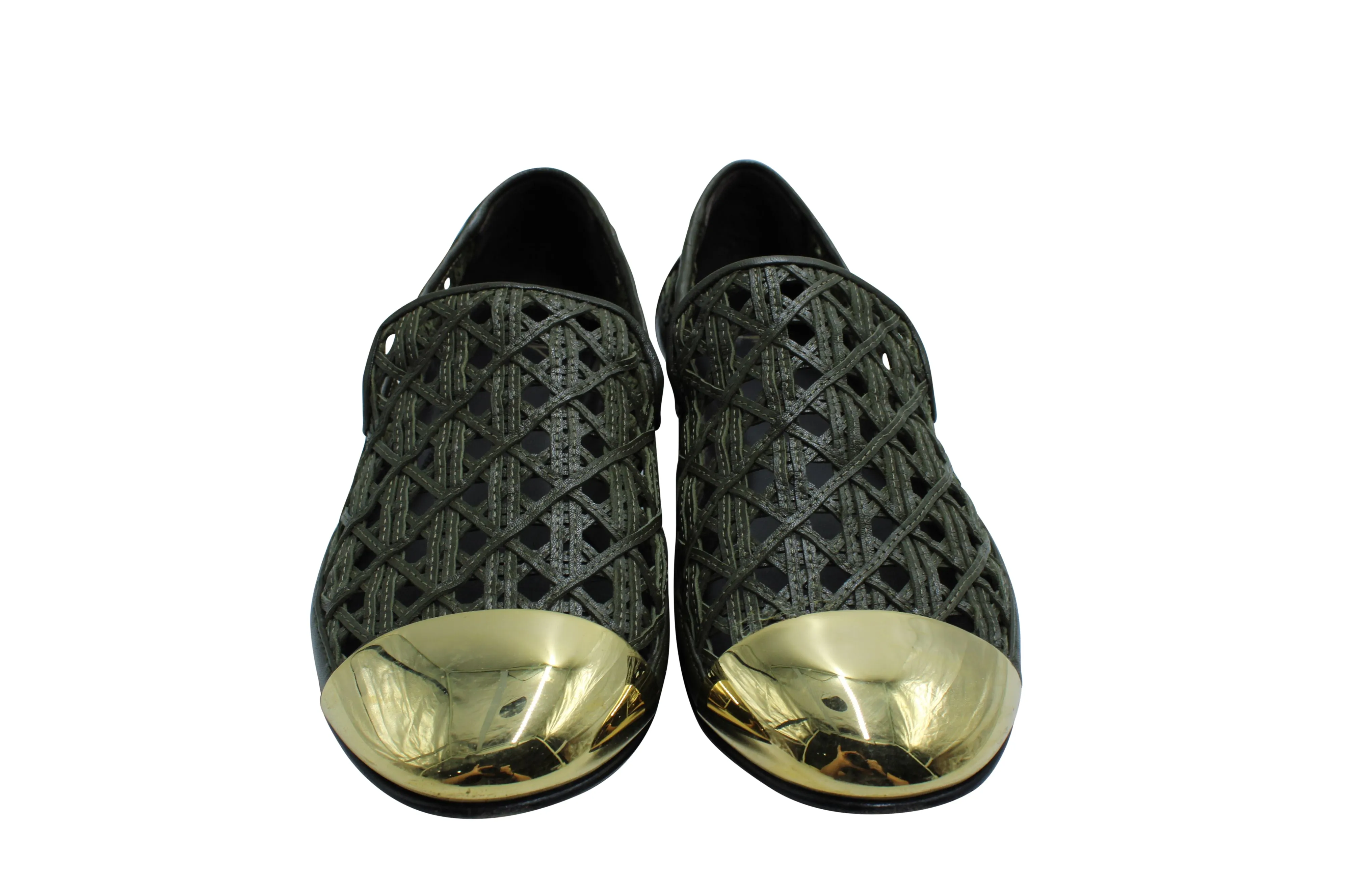 Giuseppe Zanotti Perforated Flats with Gold Captoe in Green Leather