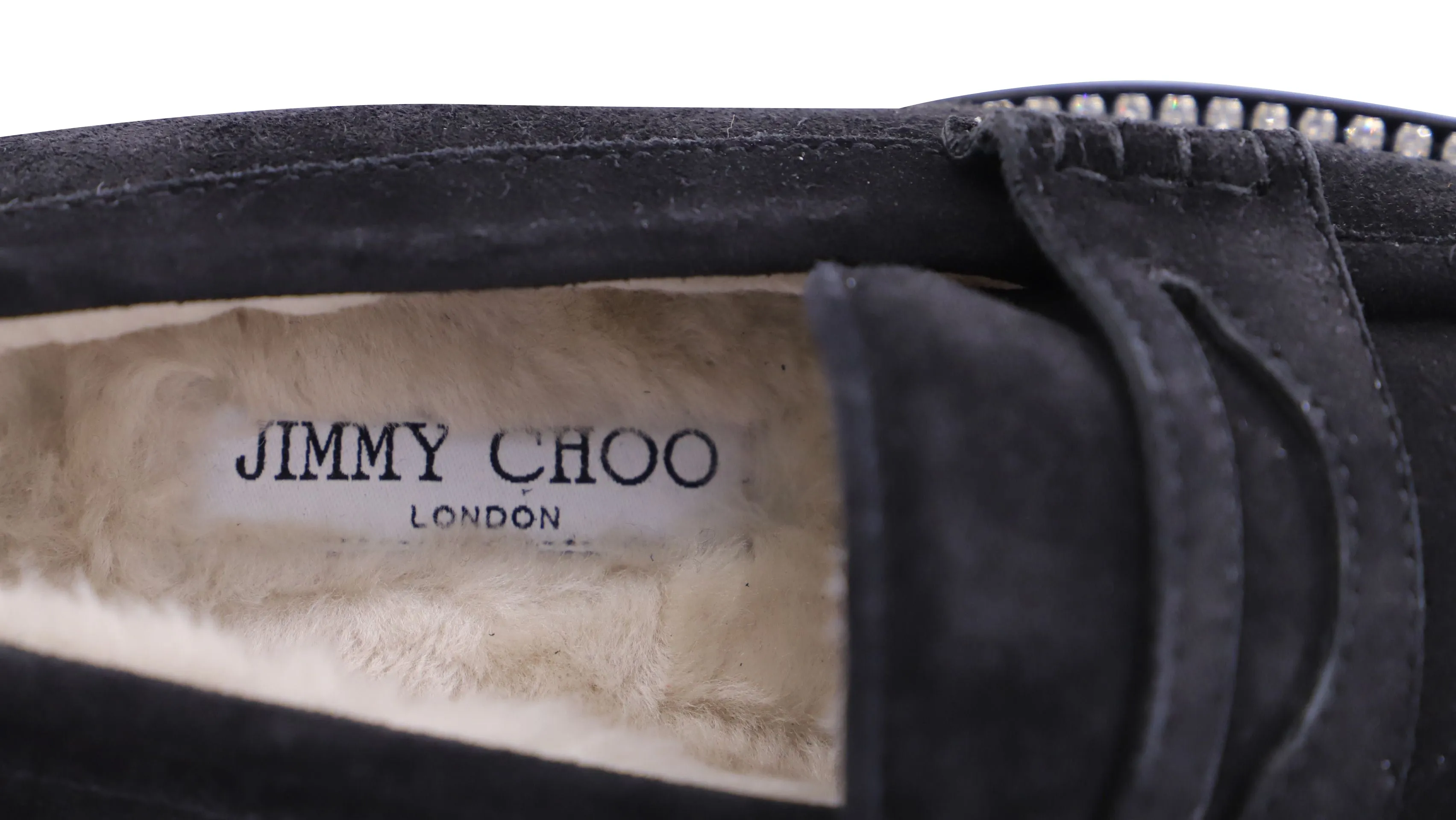 Jimmy Choo Deanna Crystal-Embellished Shearling-Lined Loafers in Black Suede