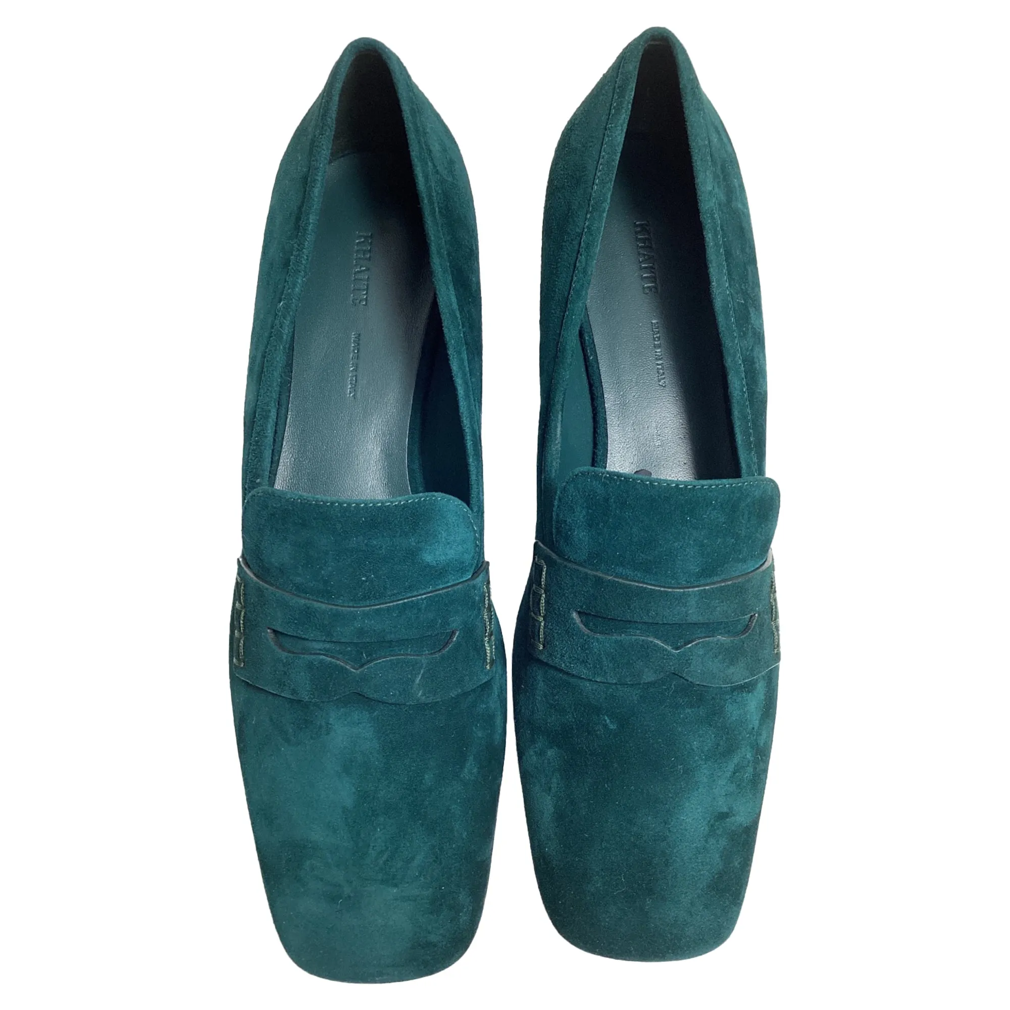 Khaite Carlisle Penny Loafers in Green Suede