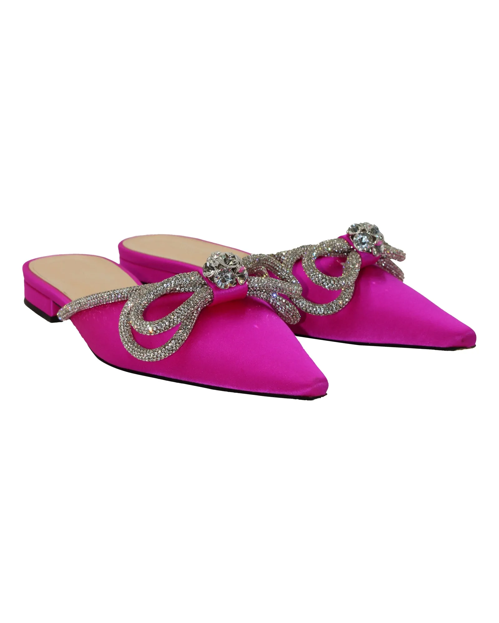 Mach & Mach Double Bow Crystal-Embellished Slippers in Pink Satin