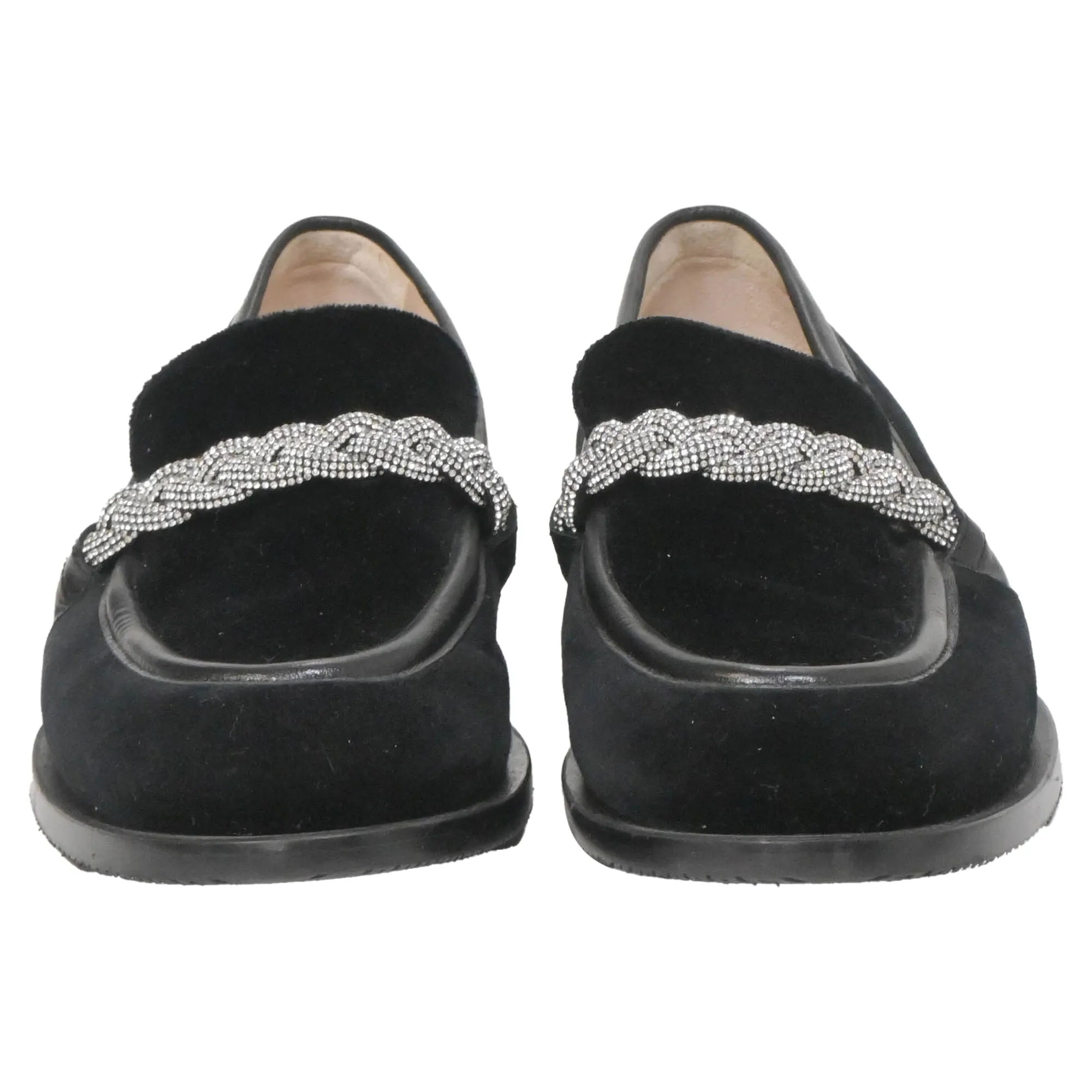 Stuart Weitzman Crystal-Embellished Chain-Link Loafers in Black Suede