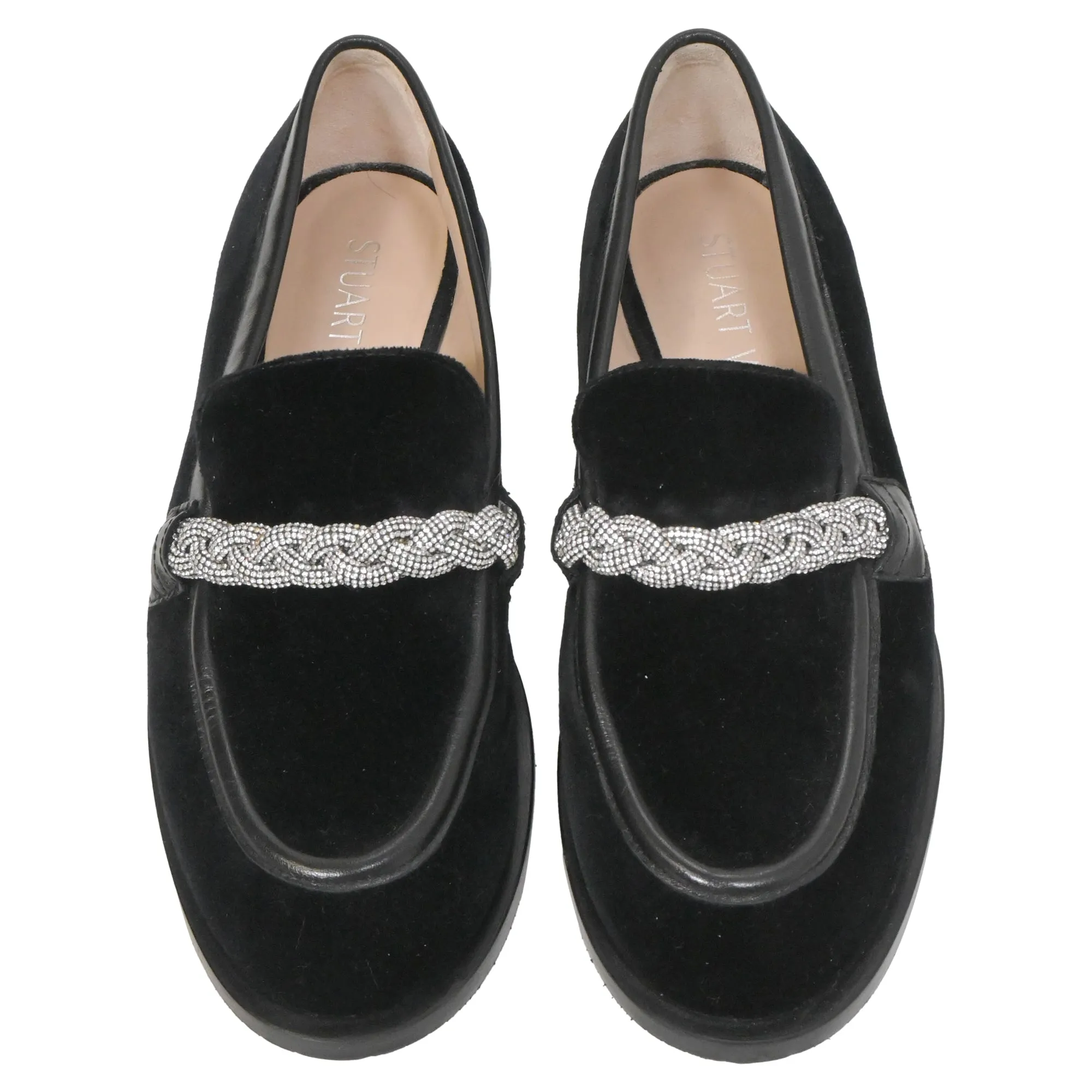 Stuart Weitzman Crystal-Embellished Chain-Link Loafers in Black Suede