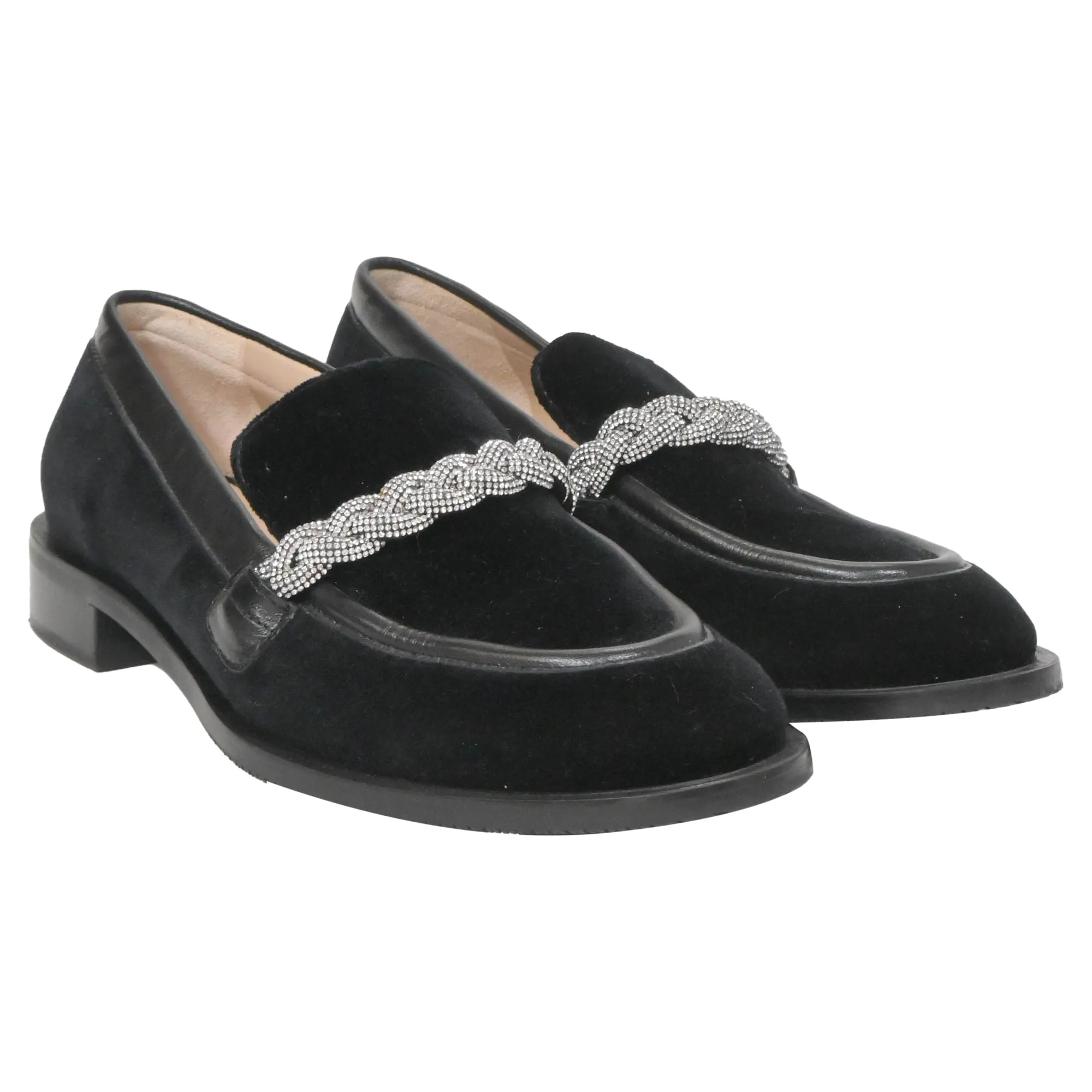 Stuart Weitzman Crystal-Embellished Chain-Link Loafers in Black Suede