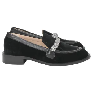 Stuart Weitzman Crystal-Embellished Chain-Link Loafers in Black Suede