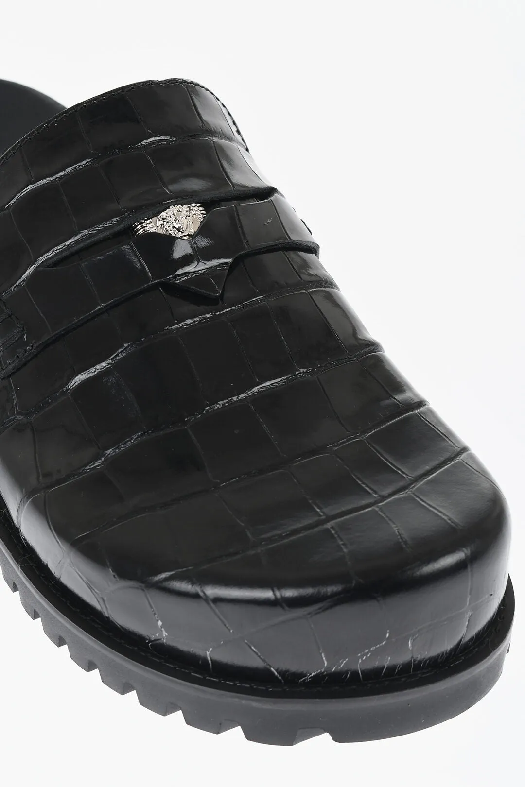 Versace Crocodile Print Leather Penny Mules